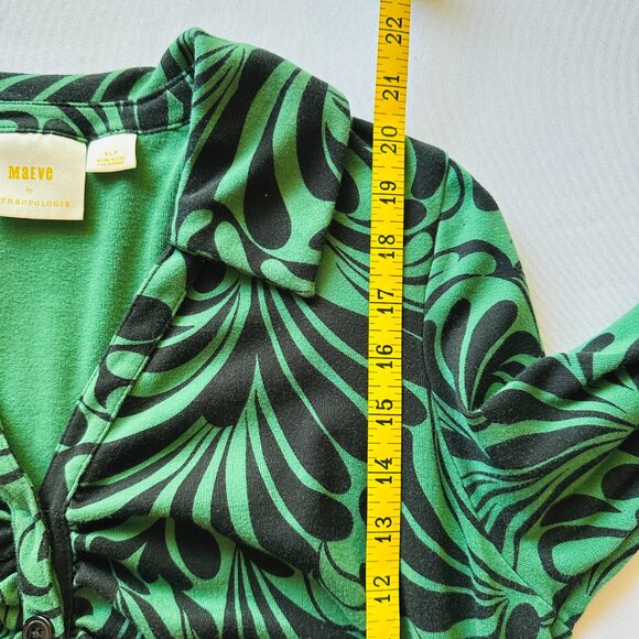 Maeve Anthropologie Shirt XLP Green Black Top Ruched Button Up Retro Motif Swirl - Picture 11 of 12
